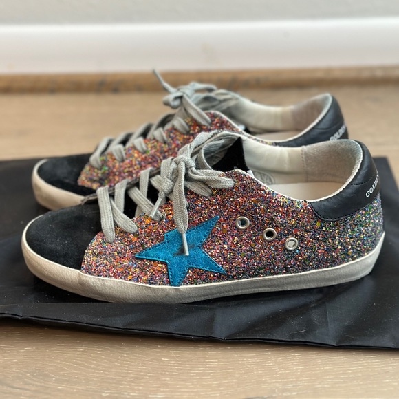Golden Goose Superstar Sneaker Multi Glitter Metallic Turquoise Blue Star 37 - Picture 2 of 16